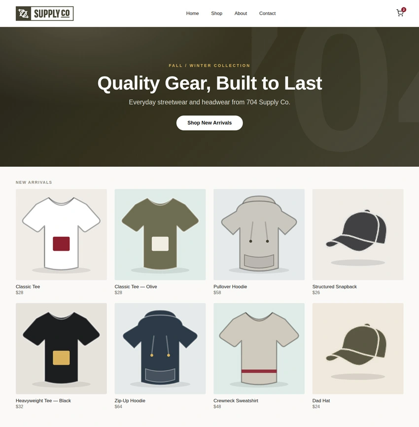 Example company store website with branded tees, hoodies and hats