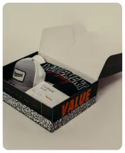 Branded kit box packed with a folded T-shirt and accessories